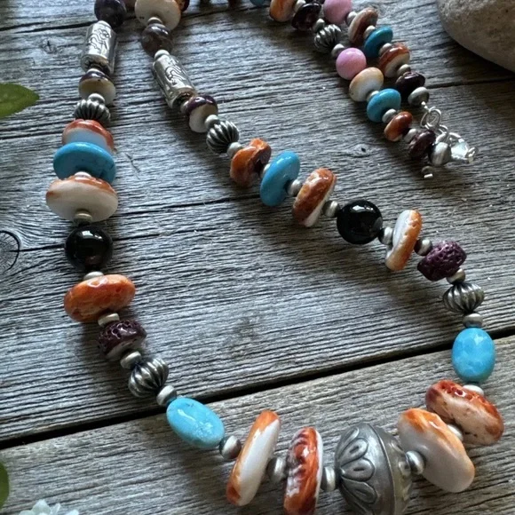 Southwestern 925 Sterling Silver Multi Gem Stone W Pearls Bead Necklace. 26 inch